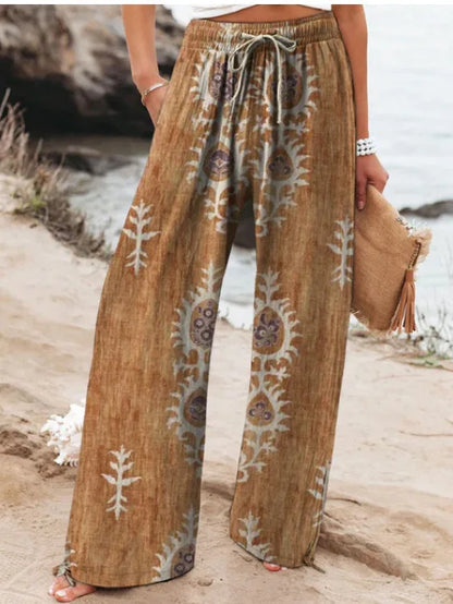 Women's New High Waist Loose Casual Wide Leg Print Pants Summer Beach EU US Style Comfy Flowy Trousers