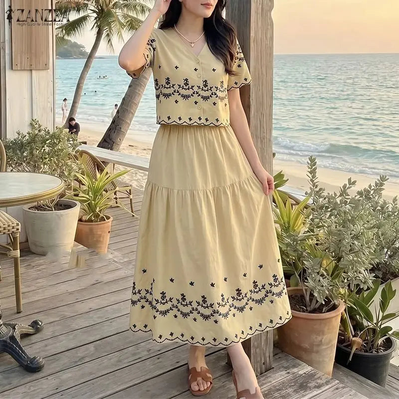 ZANZEA Bohemian 2 Piece Skirts Suits Women Summer Short Sleeve Cropped Shirt & A-Line Maxi Skirt Matching Sets Vacation Outfits