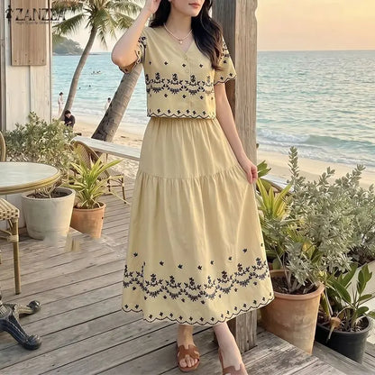 ZANZEA Bohemian 2 Piece Skirts Suits Women Summer Short Sleeve Cropped Shirt & A-Line Maxi Skirt Matching Sets Vacation Outfits