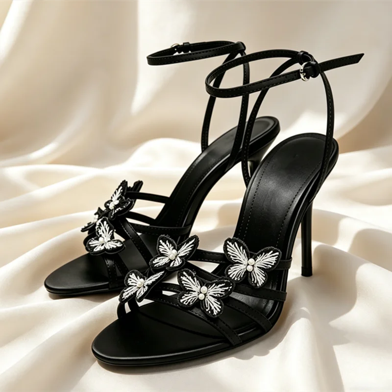 Hand Embroidery Butterfly Detail High Heel Sandals Women Luxury Satin Ankle Strap High Heels for Ladies Elegant Party Dress Shoe