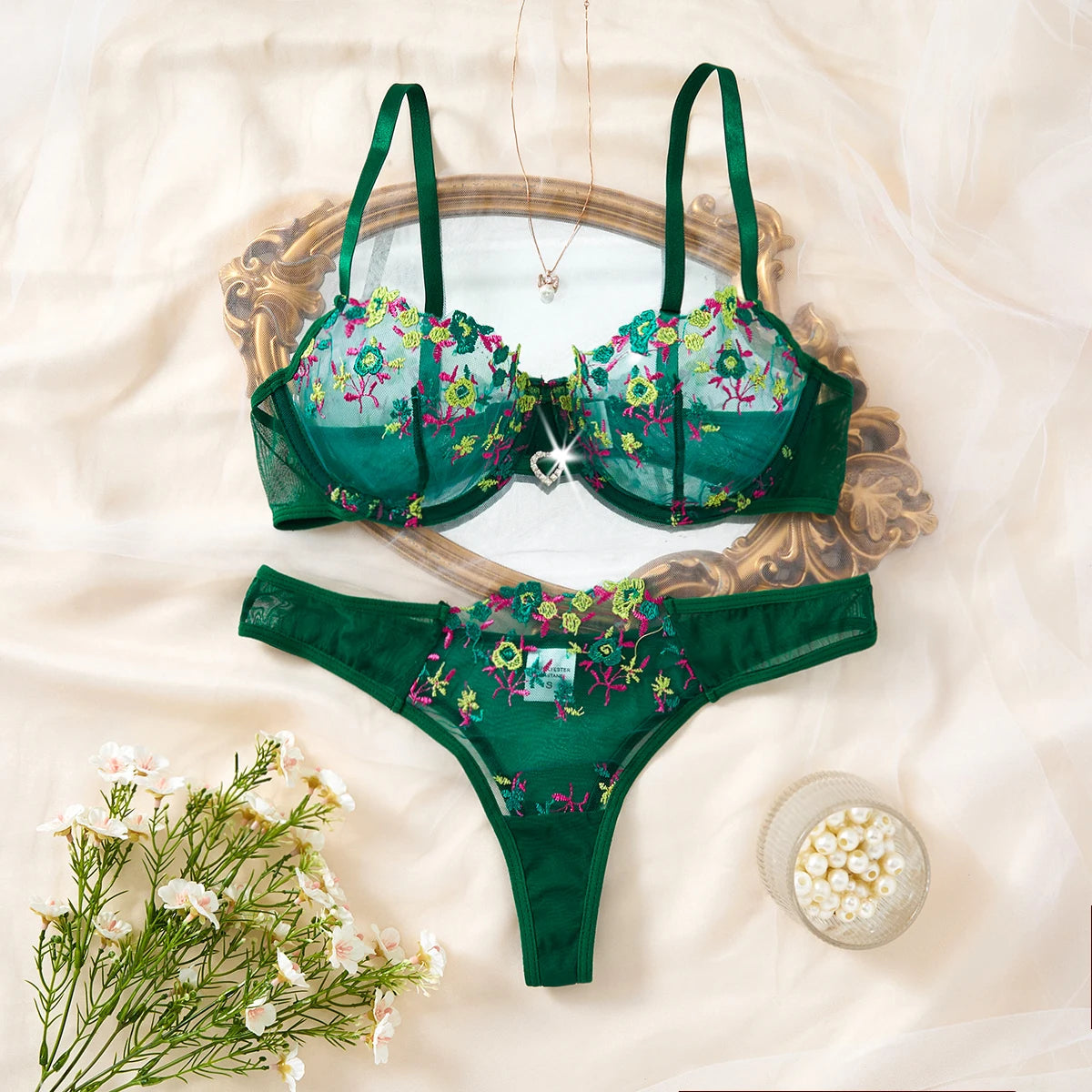 Green Floral Embroidery Lingerie Set 2PCS Sheer Mesh Bra & Panty Women Sexy Underwear Gift ZA824026
