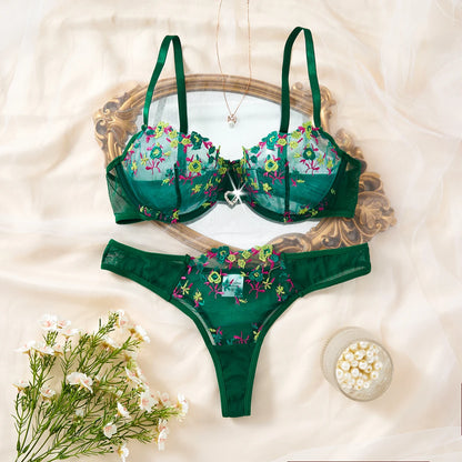 Green Floral Embroidery Lingerie Set 2PCS Sheer Mesh Bra & Panty Women Sexy Underwear Gift ZA824026