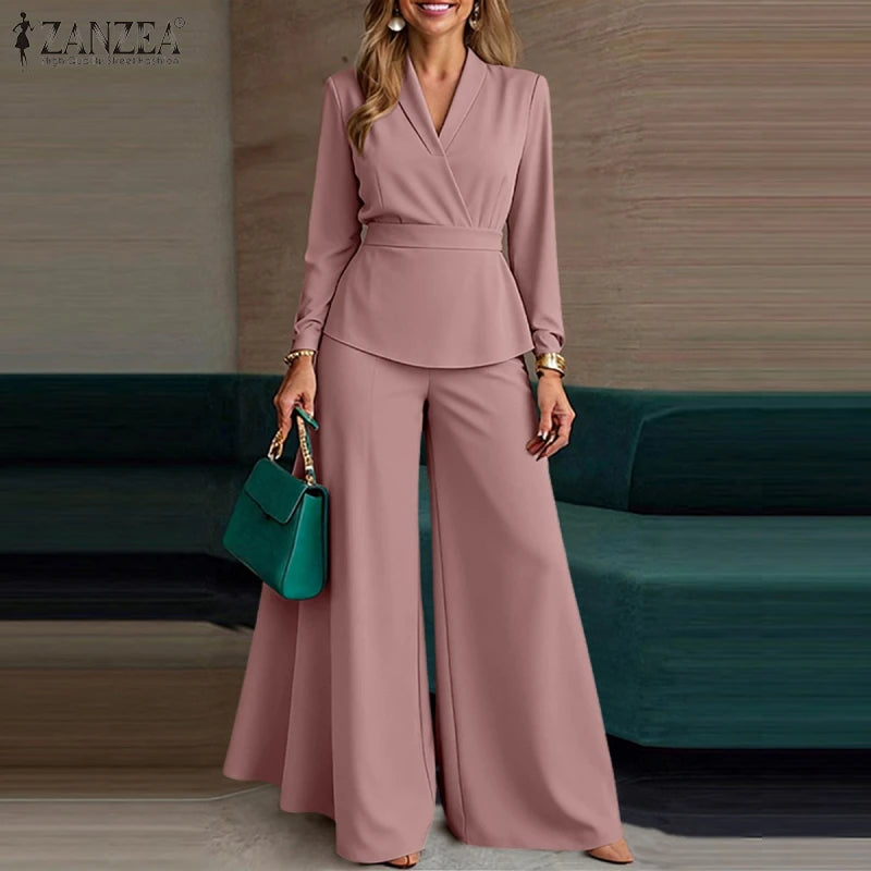 ZANZEA Plus Size Women's Minimalist Pant Suits Wide Leg Flared Pant & Long Sleeve Blouse 2pcs Sets Casual Loose Sets Outfits 5XL