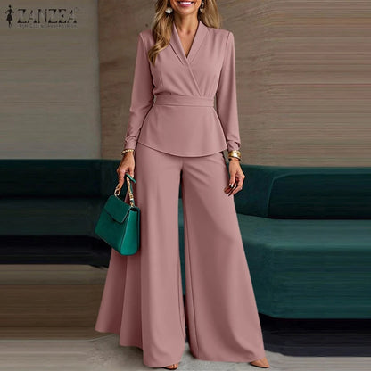 ZANZEA Plus Size Women's Minimalist Pant Suits Wide Leg Flared Pant & Long Sleeve Blouse 2pcs Sets Casual Loose Sets Outfits 5XL