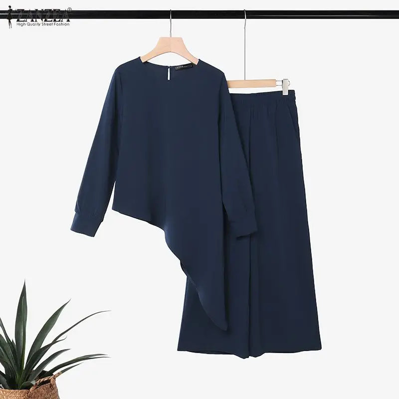 ZANZEA Women Pants Sets Two Piece Outfit Irregular Hem Tunic Tops Wide Leg Pant Casual O Neck Long Sleeve Solid Color 2PCS