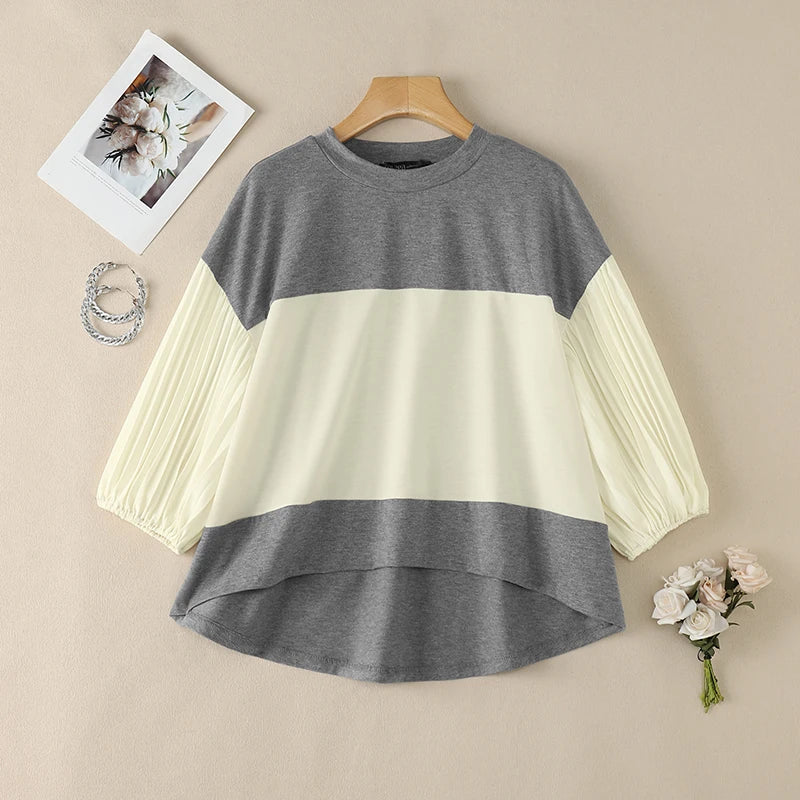 ZANZEA Women Color-Blocked T-Shirts O-Neck 3/4 Pleated Lantern Sleeve Loose Tees Spring Summer Female Elegant Fashion Blouses