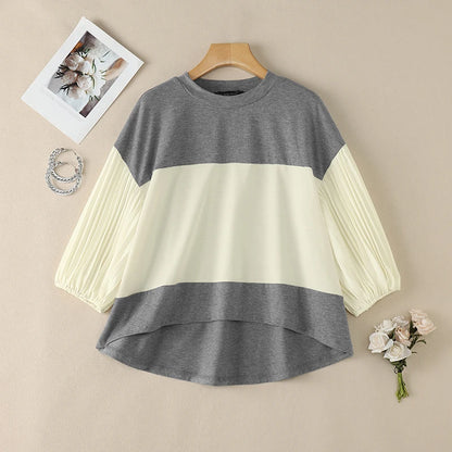 ZANZEA Women Color-Blocked T-Shirts O-Neck 3/4 Pleated Lantern Sleeve Loose Tees Spring Summer Female Elegant Fashion Blouses