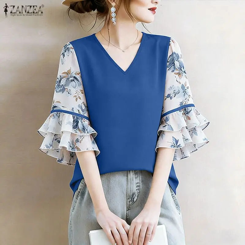 ZANZEA Women's Elegant Blouses Floral Printed Patchwork 3/4 Flared Sleeves V-Neck Loose Tops Summer Casual Blusas de Mujer