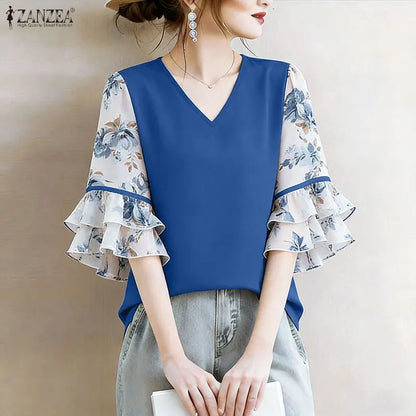 ZANZEA Women's Elegant Blouses Floral Printed Patchwork 3/4 Flared Sleeves V-Neck Loose Tops Summer Casual Blusas de Mujer