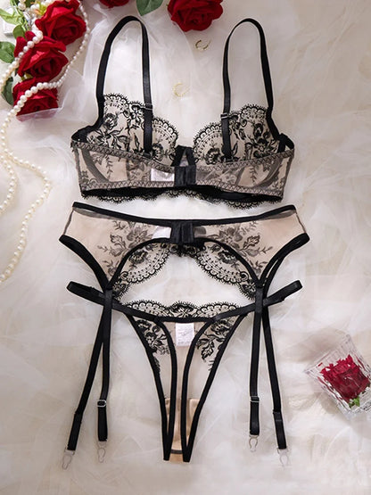 Sexy Women's Lingerie Floral Embroidered Bra Set Spicy Lingerie 3 Pieces Mesh Underwear Ultrathin French Intimate Lingerie Set