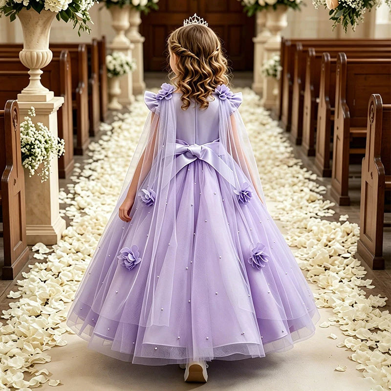 New Lace Bow Shawl Flower Girl Dress with Little Flutter Sleeves for Girls