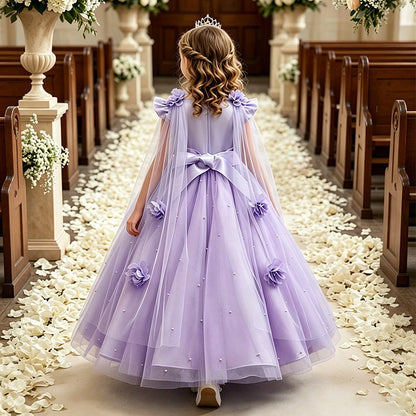 New Lace Bow Shawl Flower Girl Dress with Little Flutter Sleeves for Girls