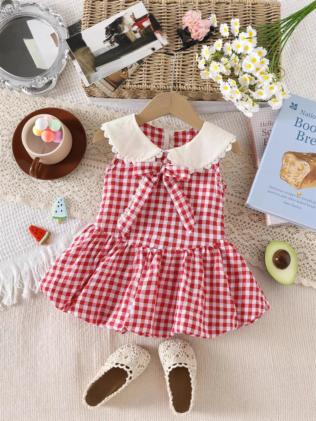 2026 New Summer Cute Children A-Line Dress Red White Plaid Girls Large Bow Sleeveless Dress Peter Pan Collar Clothes