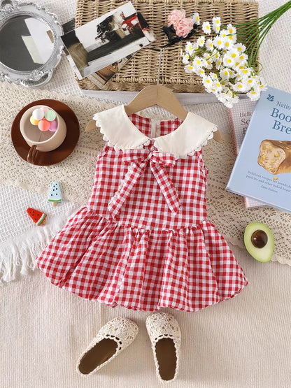 2026 New Summer Cute Children A-Line Dress Red White Plaid Girls Large Bow Sleeveless Dress Peter Pan Collar Clothes