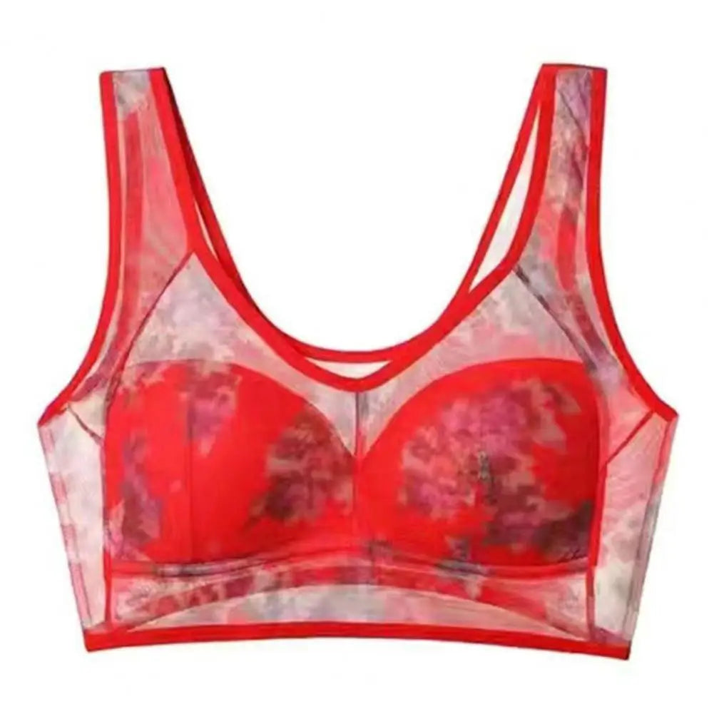 Mid-aged Women Bra Mesh Thin Plus Size Floral Print Wide Shoulder Strap Anti-snagging Push Up Seamless Mother Bra 90%