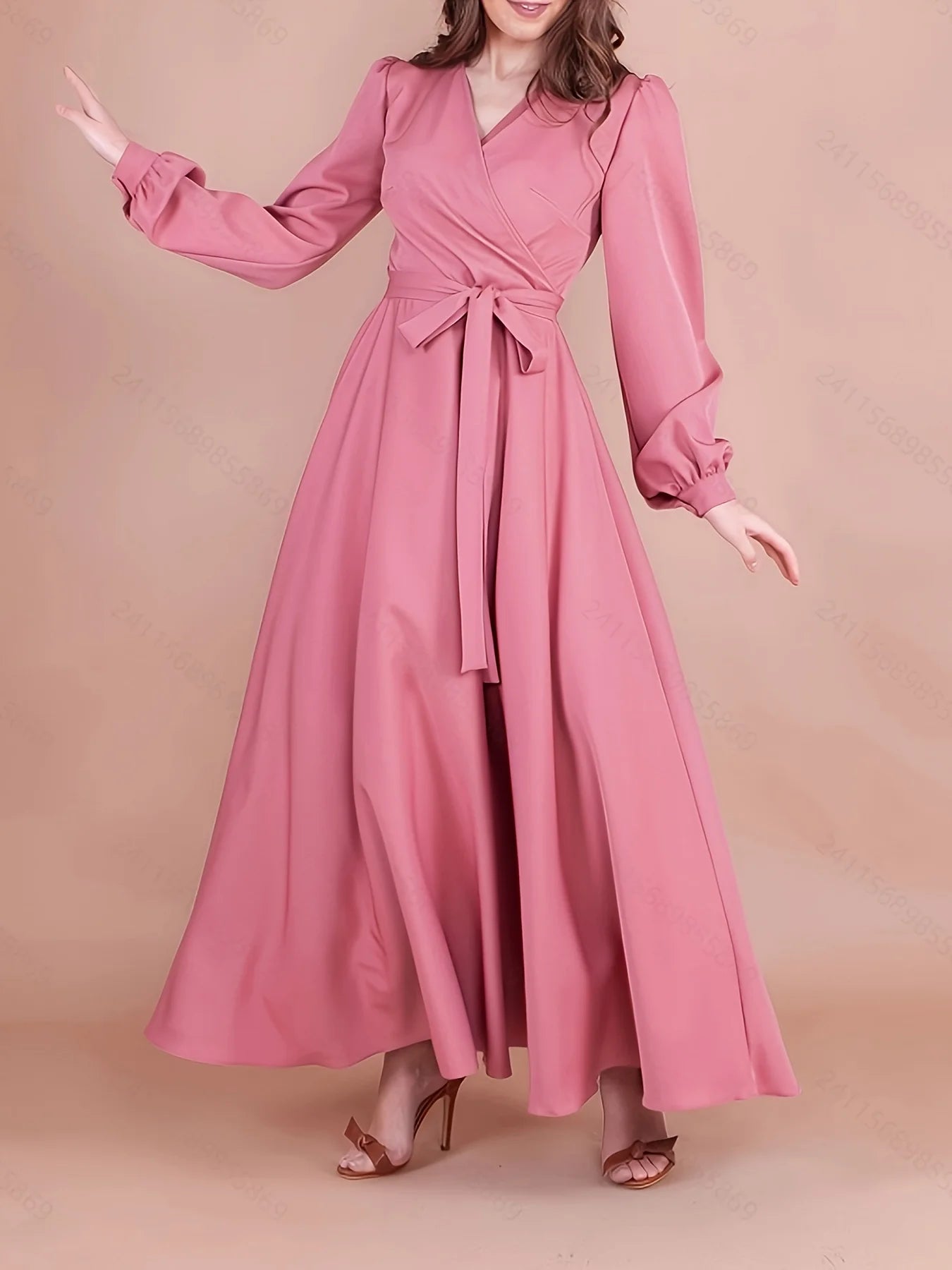 Elegant Loose Rose Red V-Neck Long Sleeve Dress for Women with Waistband Slimming Long Skirt Design