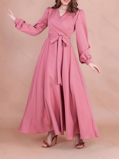 Elegant Loose Rose Red V-Neck Long Sleeve Dress for Women with Waistband Slimming Long Skirt Design