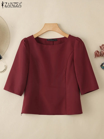 ZANZEA Elegant Womens Blouses Fashion Square Neck 3/4 Puff Sleeve Blusas Mujer 2025 Spring Summer Casual Side-Zip Short Tops