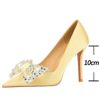 2026 Bow Knot Rhinestone Women Pumps Large Size 43 High Heels Luxury Banquet Shoes Stilettos Sexy Party Shoes Design Lady Heels