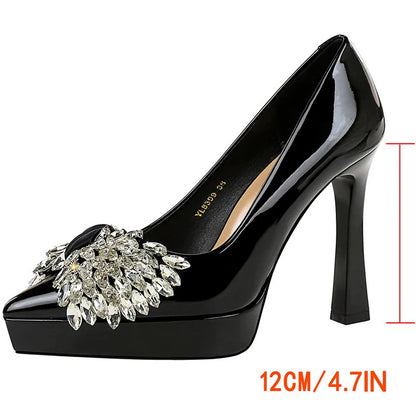 BIGTREE Shoes Platform Heels Women Pumps Rhinestone Bow High Heels 12 CM Patent Leather Woman Heels Luxury Sexy Party Shoes Lady
