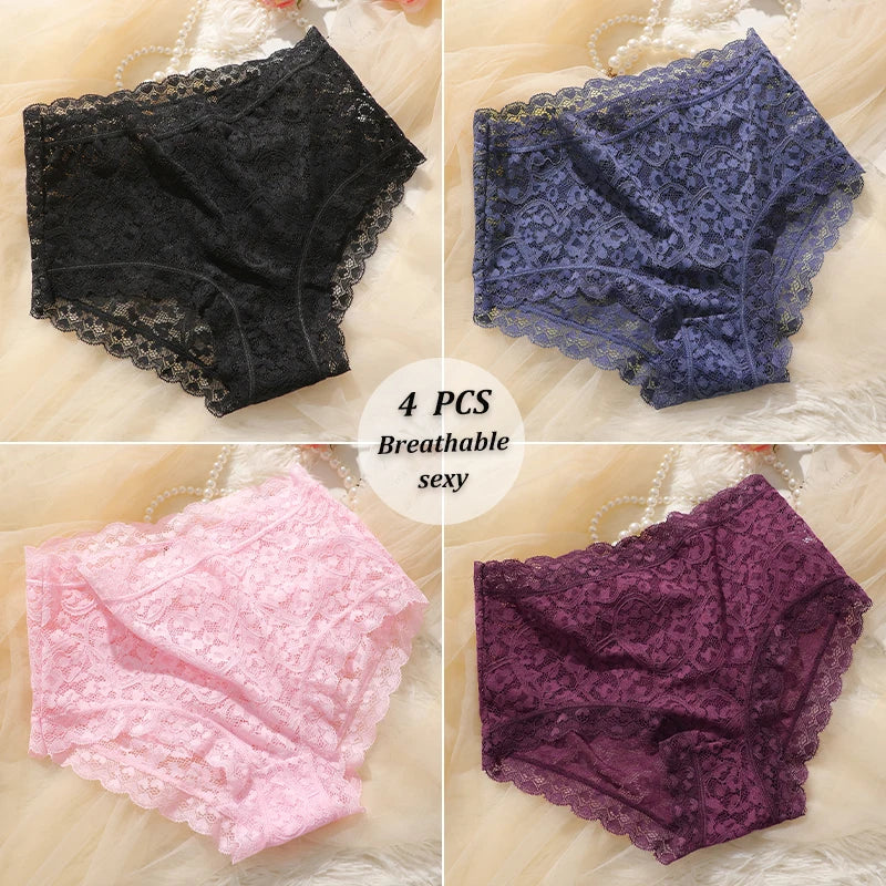 4PCS/SET Women Soft Lace Panties Breathable High Waist Underwear Hollow Sexy Lingerie Floral Solid Color Transparents Briefs New