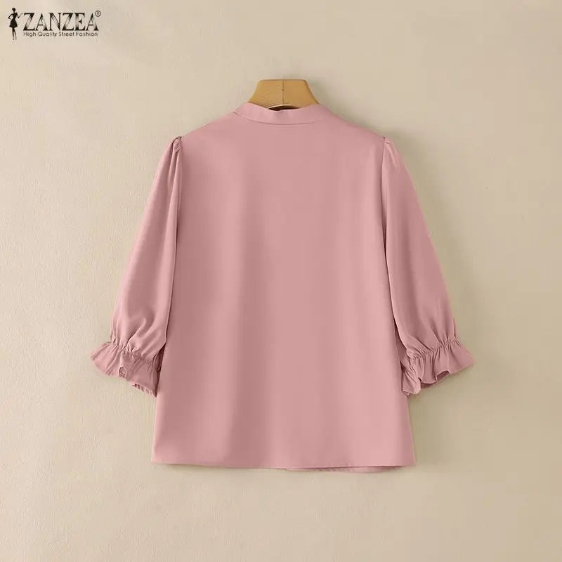 ZANZEA Women's Elegant 3/4 Puff Sleeve Blouses Summer Lace-Up Stand Collar Pintuck Tops Daily Casual Solid Color Blusas de Mujer