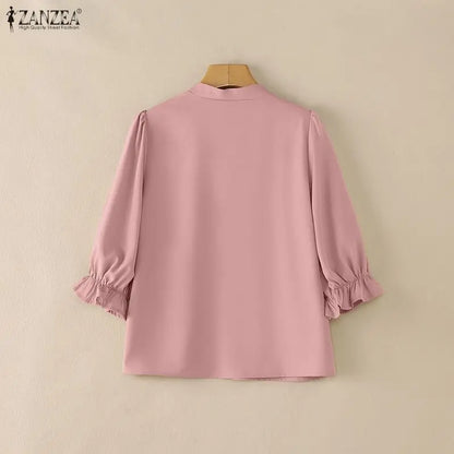 ZANZEA Women's Elegant 3/4 Puff Sleeve Blouses Summer Lace-Up Stand Collar Pintuck Tops Daily Casual Solid Color Blusas de Mujer