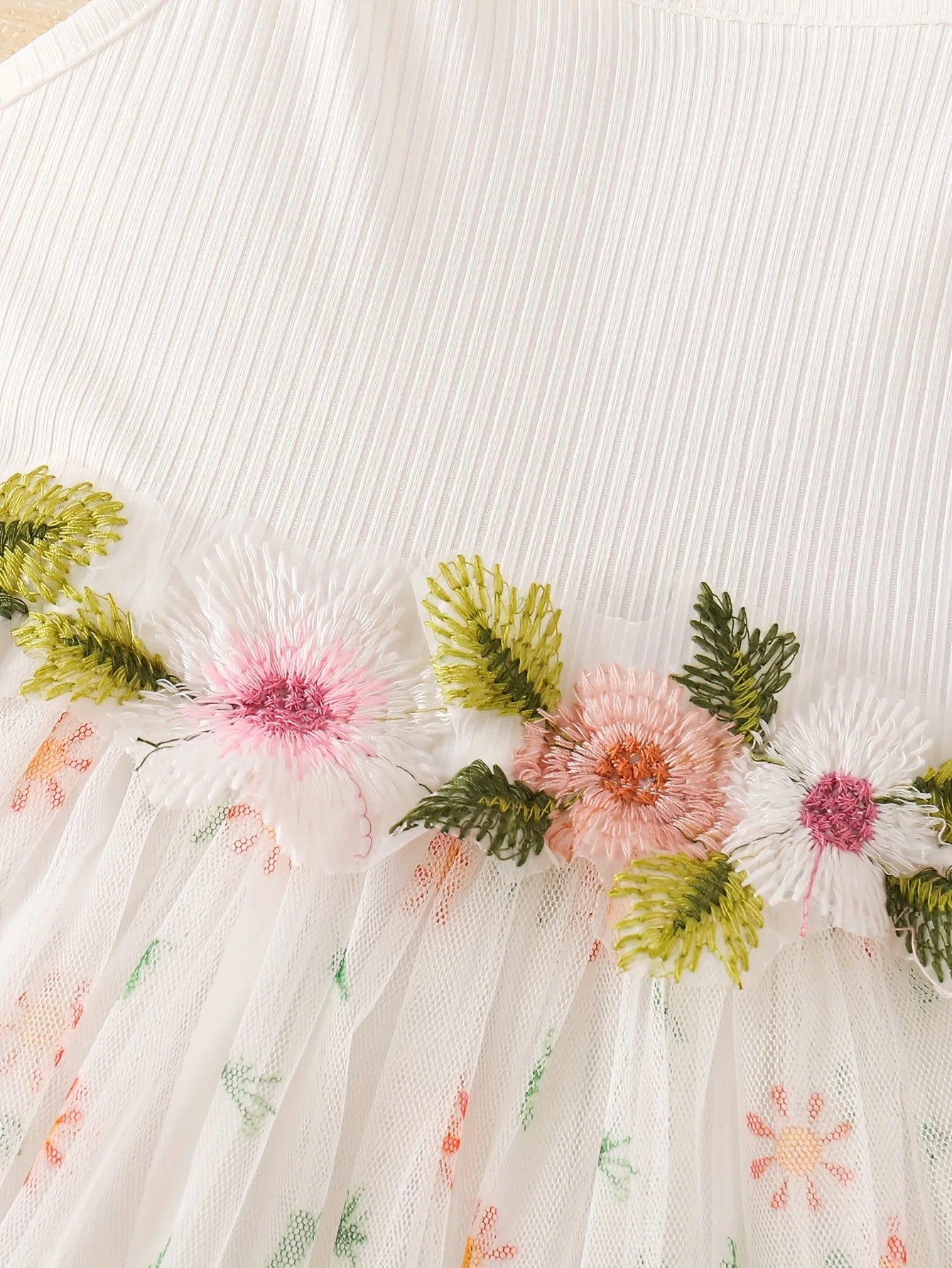 White Camisole 3D Flower Dress - Floral Tulle Hem Girls’ Fairy Sweet Princess Gown