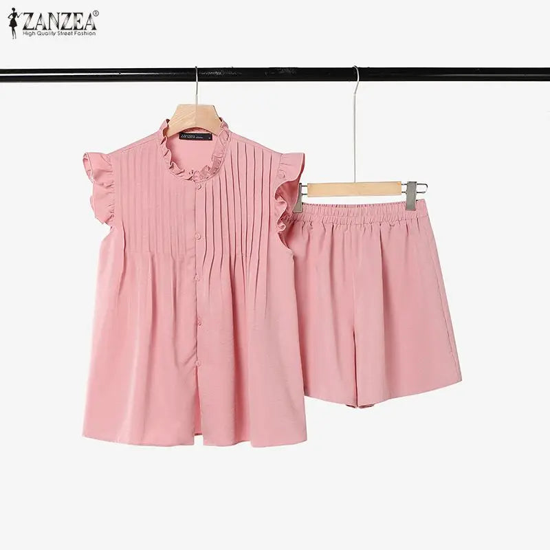 ZANZEA Women 2 Pieces Matching Short Sets Summer Ruffled Trim O-Neck Flying Sleeves Pintuck Tops & Elastic Waist Shorts Suits