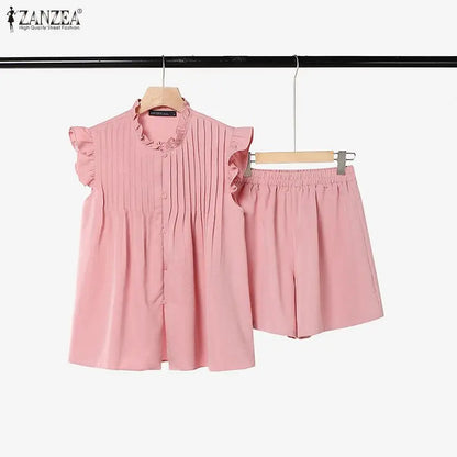 ZANZEA Women 2 Pieces Matching Short Sets Summer Ruffled Trim O-Neck Flying Sleeves Pintuck Tops & Elastic Waist Shorts Suits