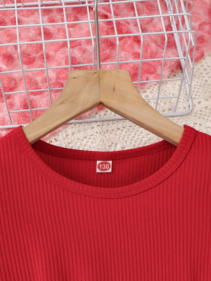 Girls Valentine's Day Dress Fashionable Comfortable Red round Neck Striped Mini Dress Heart Print Skirt for Kids