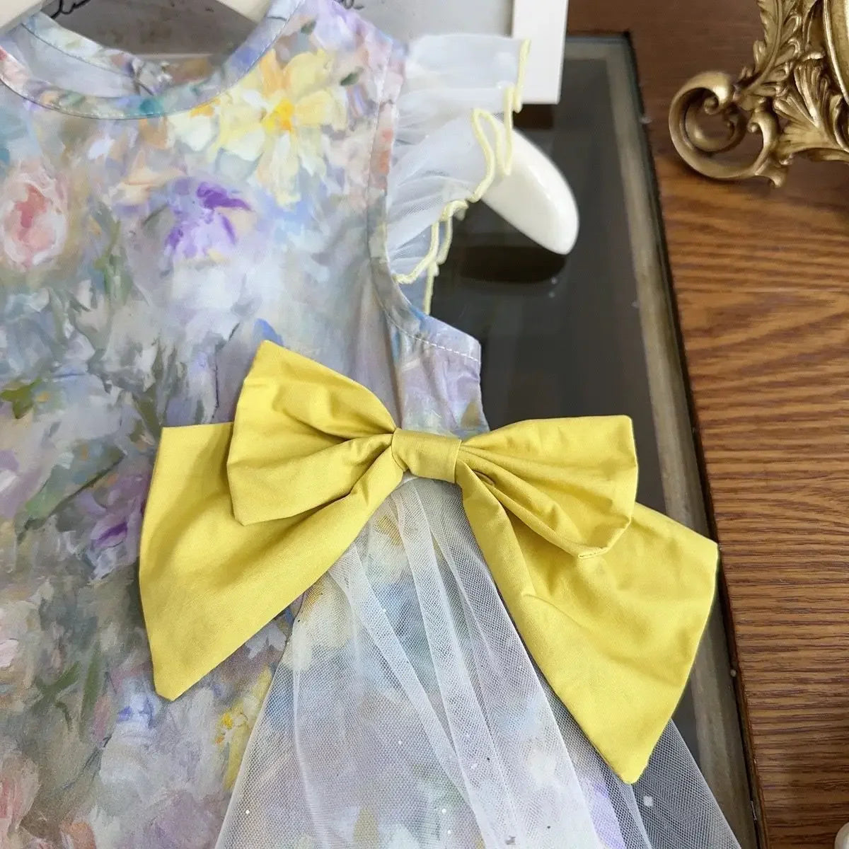 Girls Casual Dresses Floral Printed Dress Bow Mesh Stitching Princess Dress Flower Girl Dresses Princess Dress for Girls