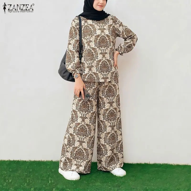 ZANZEA Women Muslim Outfits Bohemian Long Sleeve Blouse Elastic Waist Pant Sets Casual Printed Matching Sets Floral Tracksuit