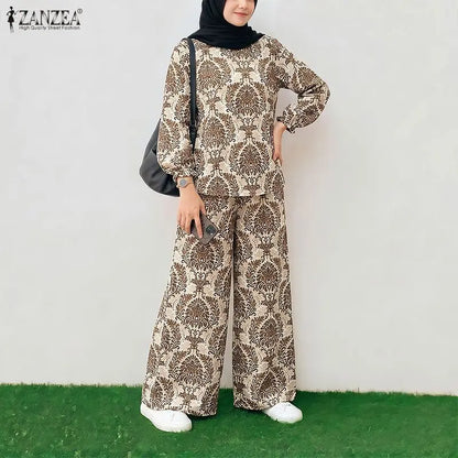 ZANZEA Women Muslim Outfits Bohemian Long Sleeve Blouse Elastic Waist Pant Sets Casual Printed Matching Sets Floral Tracksuit
