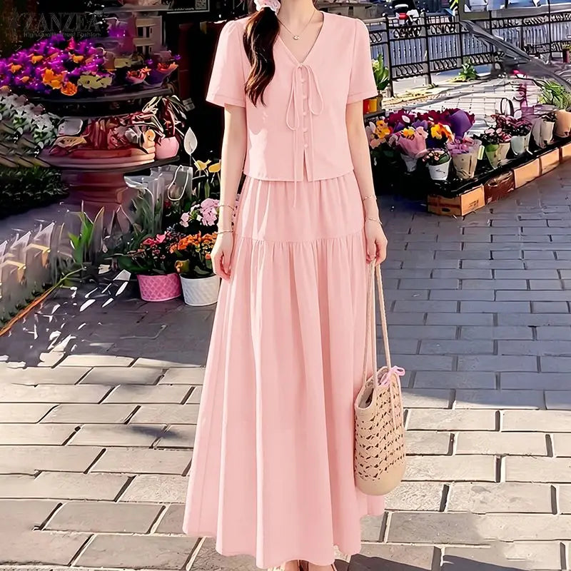 ZANZEA Summer 2PCS Outfits Stylish V Neck Short Sleeve Blouse Dress Sets Casual A Line Skirt Suit Elegant Women 2 Pieces Sets