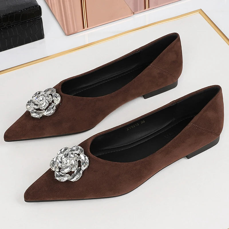 2026 Luxury Low Heeled Shoes Women Sharp Pointed Shallow Mouth Rhinestone Women's Shoes Suede Low Heeled Shoes With Women Pumps