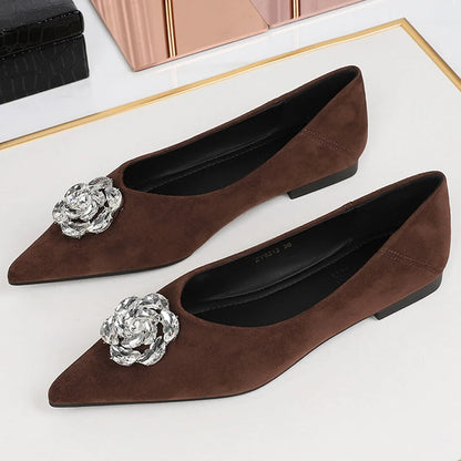 2026 Luxury Low Heeled Shoes Women Sharp Pointed Shallow Mouth Rhinestone Women's Shoes Suede Low Heeled Shoes With Women Pumps