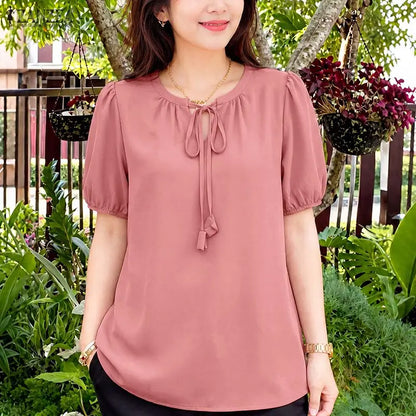 ZANZEA 2026 Woman Elegant Tie Neck Blouses Puff Short Sleeve Solid Color Tunic Tops Summer Casual Daily Wear Blusas Mujer S-3XL