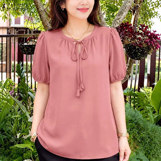 ZANZEA 2026 Woman Elegant Tie Neck Blouses Puff Short Sleeve Solid Color Tunic Tops Summer Casual Daily Wear Blusas Mujer S-3XL