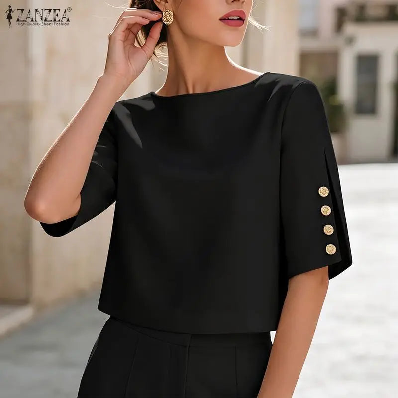 ZANZEA Women's Minimalist Fashion Blouses Elegant O-Neck Buttons Detailed Half Sleeves Solid Tops Summer Loose Blusas de Mujer
