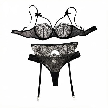 Elegant Black Lace Garter Lingerie Set Floral Embroidery Underwire Bra Sheer Mesh Honeymoon Intimate Sleepwear ZA825205