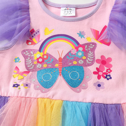 VIKITA Kids Butterfly Flower Print Summer Dress Girls Pink Colorful Party Vacation Daily Princess Dresses Children Clothes