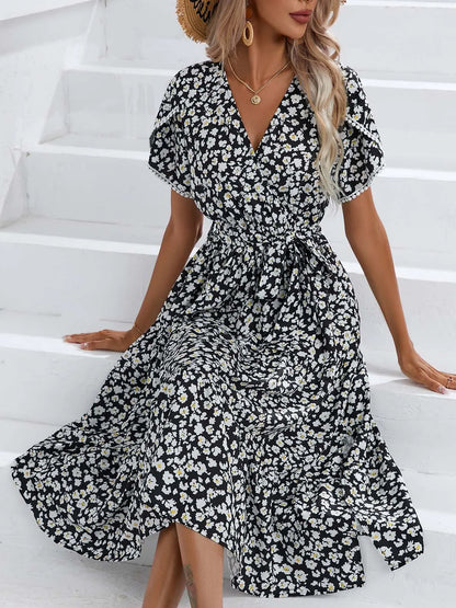 Women's Retro Floral Lace-up Short Sleeves Dresses 2025 Summer New Casual Vacation Ladies Lace V-neck Slit A-line Midi Dress