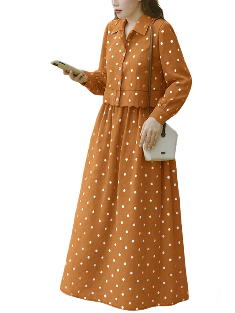 ZANZEA Autumn Outfits Stylish Polka Dots Women 2 Piece Sets Long Sleeve Blouse Dress Sets Casual Work Tracksuit Skirt Suit 2025