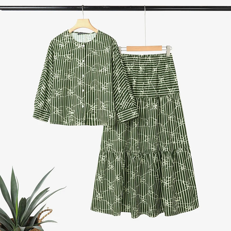 2026 ZANZEA Fashion Muslim Suit Outfits Autumn 2 Piece Sets Spring Long Sleeve Shirt Dress Skirts Women Printed Matching Sets