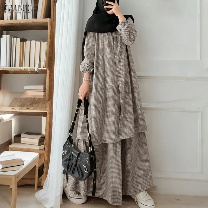 2026 ZANZEA Muslim 2 Pieces Sets Long Shirt Dress Suit Hijab Tracksuit Oversize Plaid Outfit Women Long Sleeve Tops Kaftan Skirt