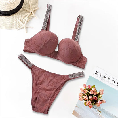 Victoria's Secret Lingerie Set Heart Pattern Trim Stretchy Breathable underwear Set Women's Sexy Lace Bralette Bra and Panty Set