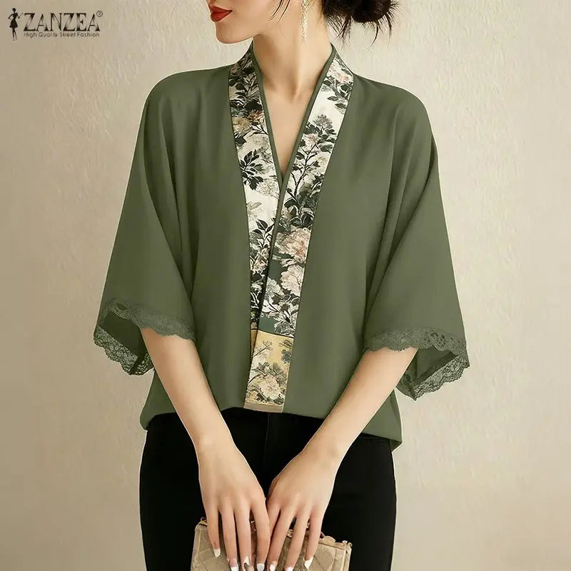 ZANZEA Vintage Floral Print Patchwork Kimonos Elegant V-Neck Lace Trim Half Sleeves Cardigan Tops 2026 Summer Open-Front Shirts