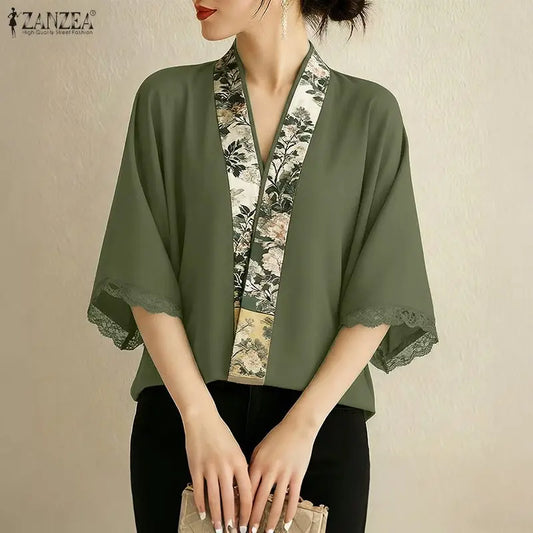 ZANZEA Vintage Floral Print Patchwork Kimonos Elegant V-Neck Lace Trim Half Sleeves Cardigan Tops 2026 Summer Open-Front Shirts