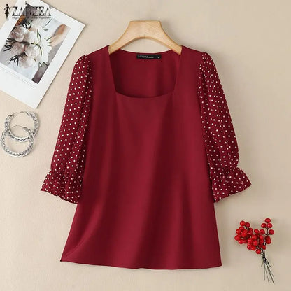 ZANZEA Women's Polka Dots Patchwork Blouses Elegant Square Neck 3/4 Puff Sleeve Pullover Tops Spring Summer Woman Clothes S-3XL